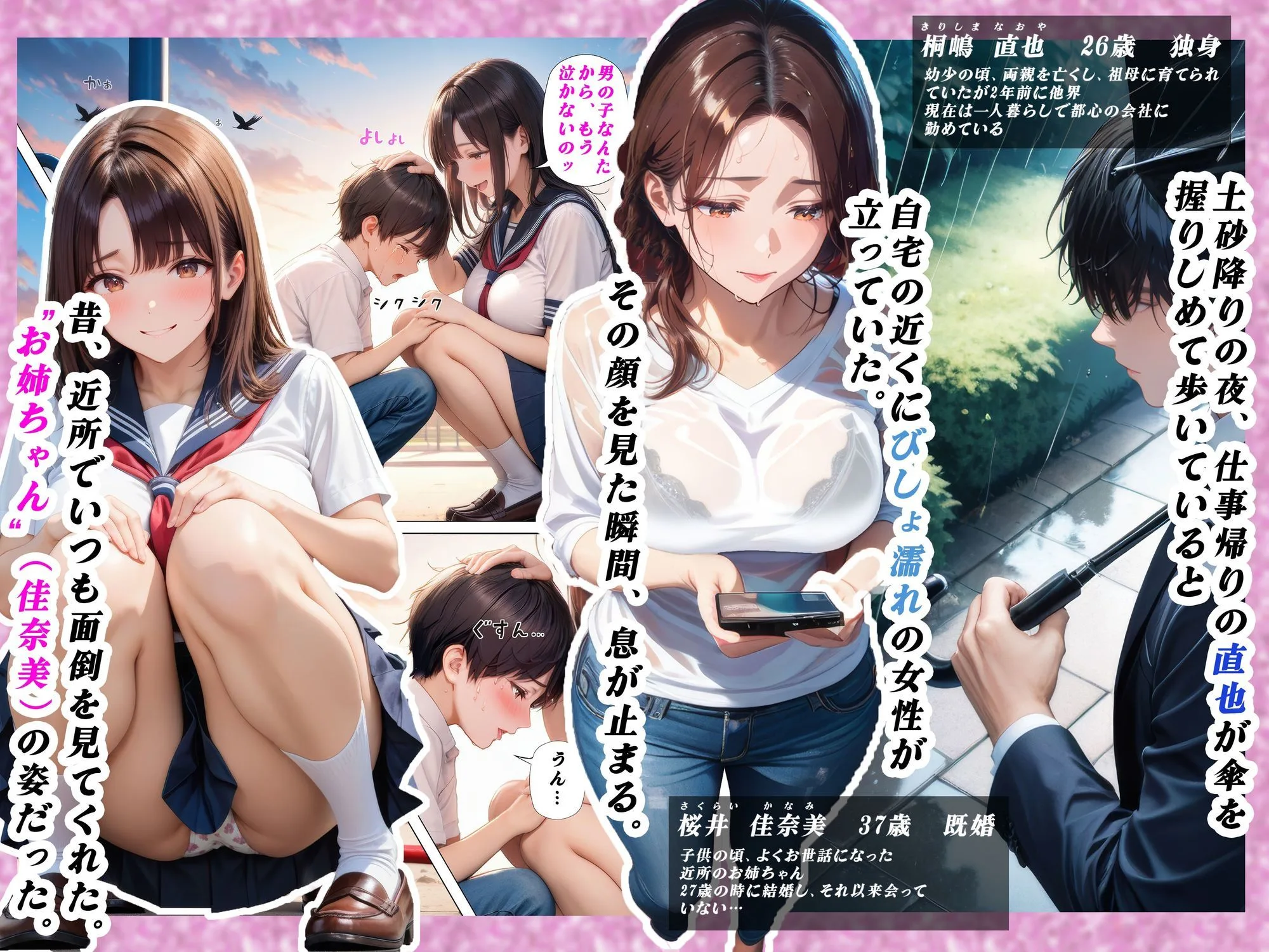 子○の頃よく遊んでくれた幼馴染みのお姉ちゃんと雨の中偶然再会 -外でも家の中でもびしょ濡れだった件- 人妻 熟女 エロ同人 サンプル1